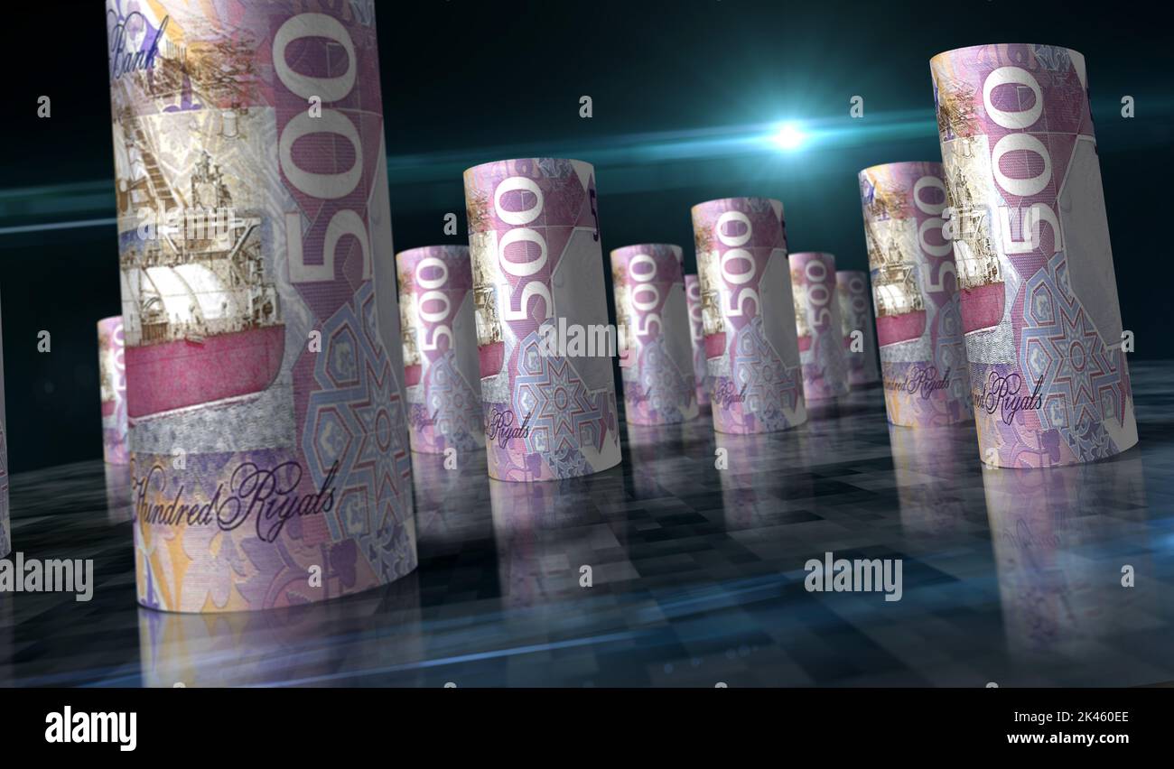 Qatar money Riyal money pack 3d illustration. QAR banknote rolls. Concept of finance, cash, economy crisis, business success, recession, bank, tax and Stock Photo