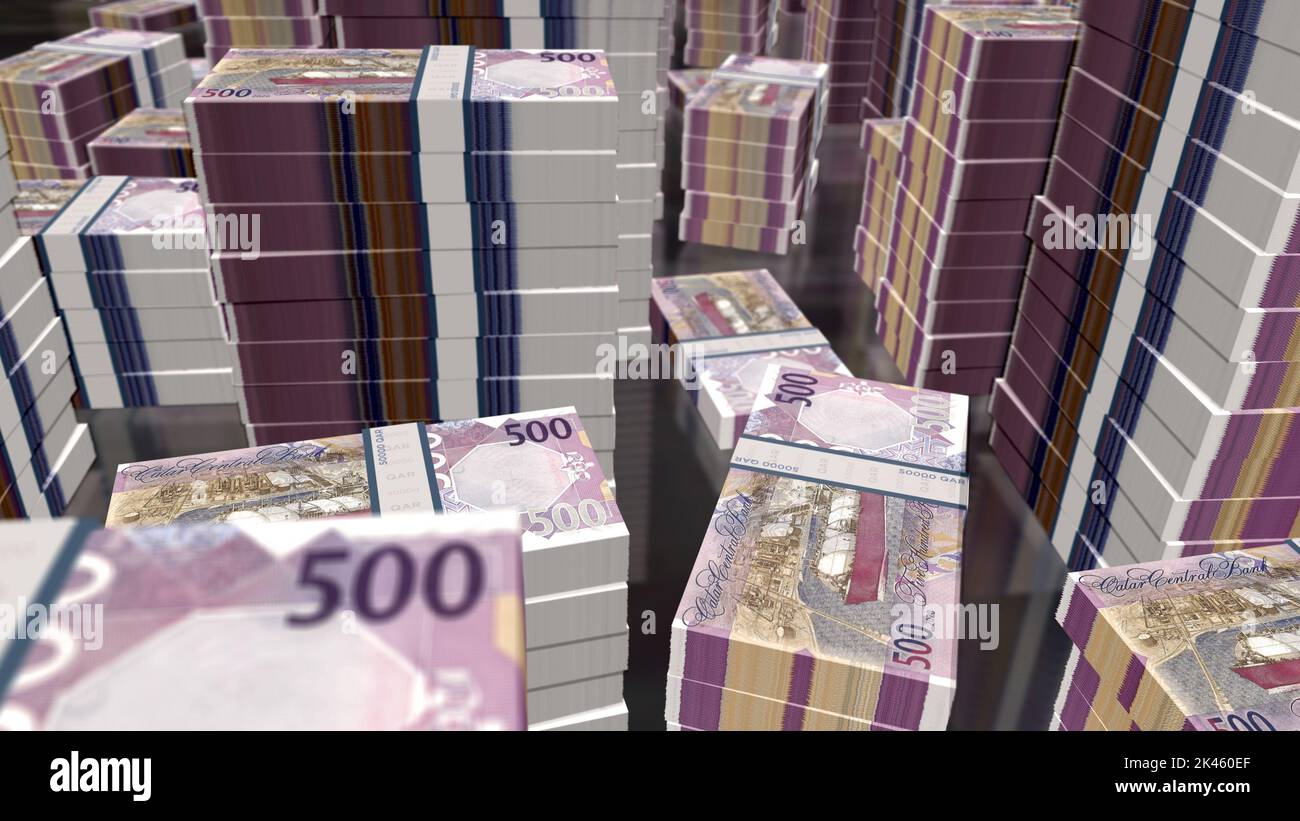 Qatar money Riyal money pack 3d illustration. QAR banknote bundle stacks. Concept of finance, cash, economy crisis, business success, recession, bank, Stock Photo