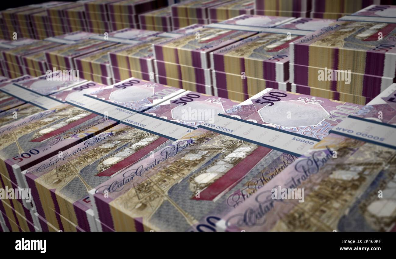 Qatar money Riyal money pack 3d illustration. QAR banknote bundle