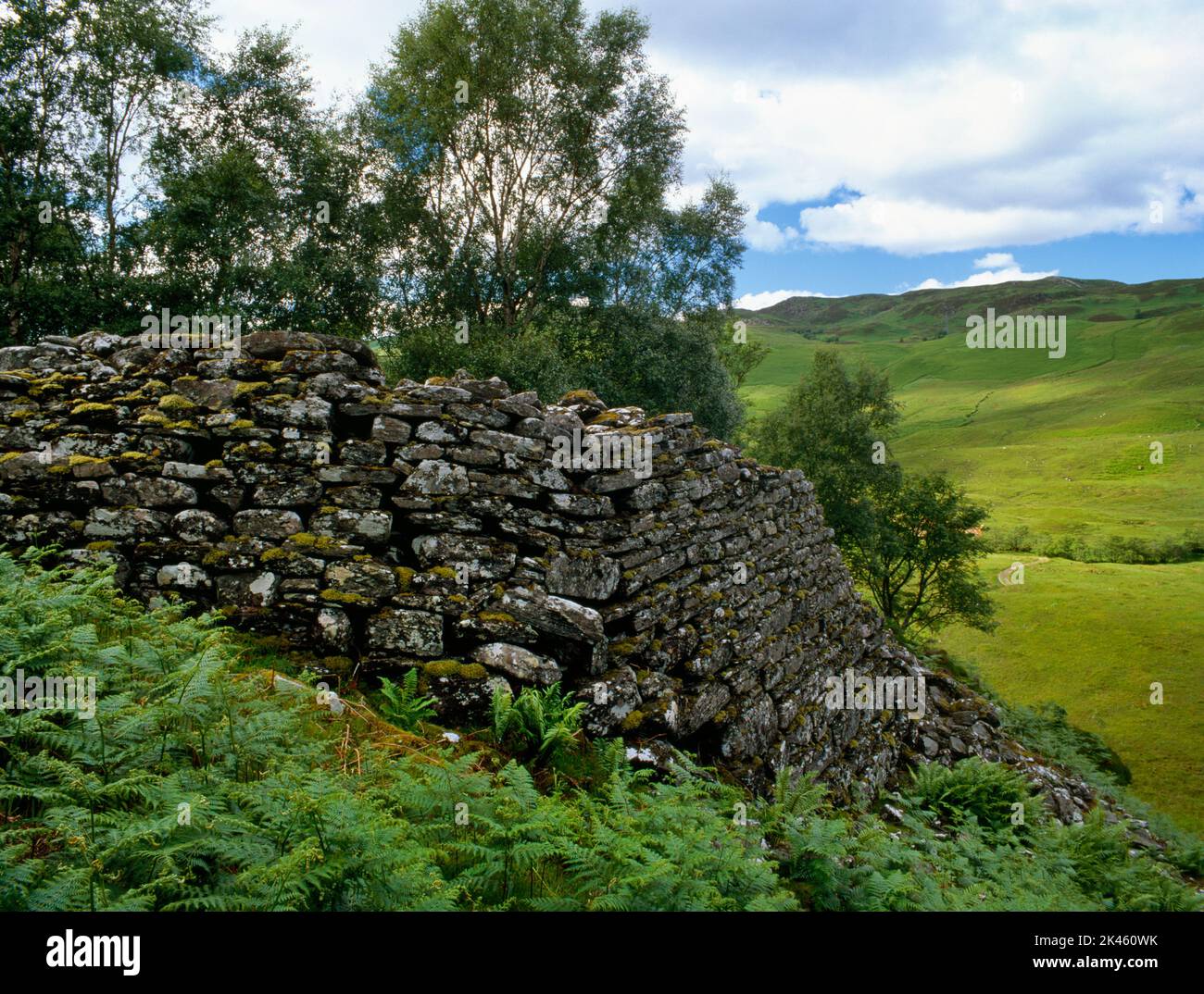 Exterior view looking N of Dun Grugaig Iron Age fort, Glenelg, Scotland, UK, on a rocky outcrop above a gorge of the Abhainn a Ghlinne Bhig river. Stock Photo