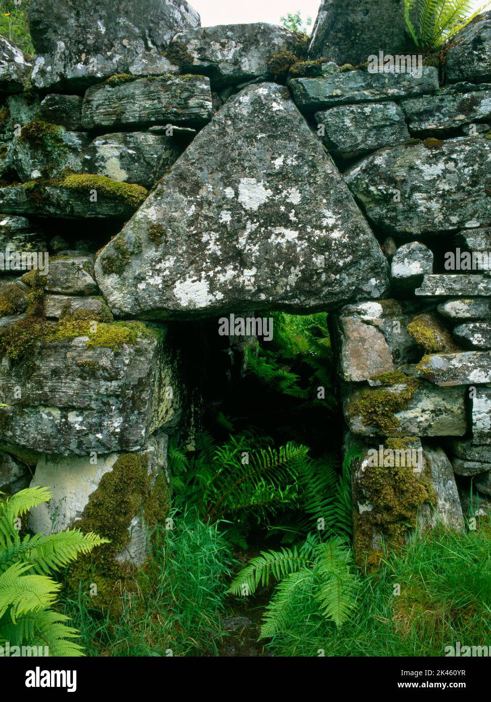 Exterior view looking SW at the entrance passage & massive triangular lintel stone of Caisteal Grugaig Iron Age broch, Totaig, Lochalsh, Scotland, UK. Stock Photo