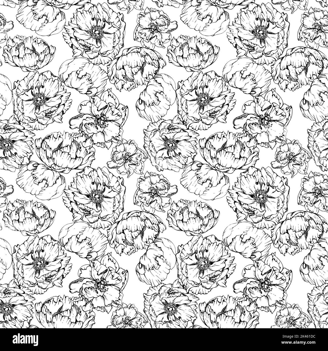Hand drawn vector seamless pattern with peony flowers, buds and leaves ...