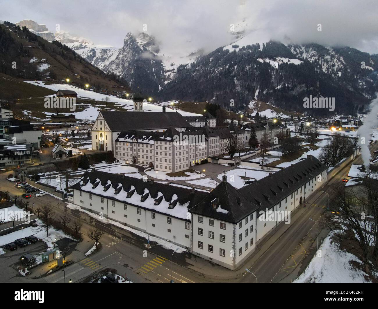 Drone view at the village of Engelberg on the Swiss alps Stock Photo ...