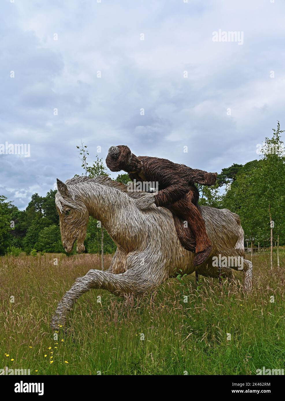 'Tan O'Shanter and his grey mare Meg', willow sculpture by David Powell. Robert Burns Birthplace Museum, Alloway, Ayrshire, Scotlabd, United Kingdom, Stock Photo