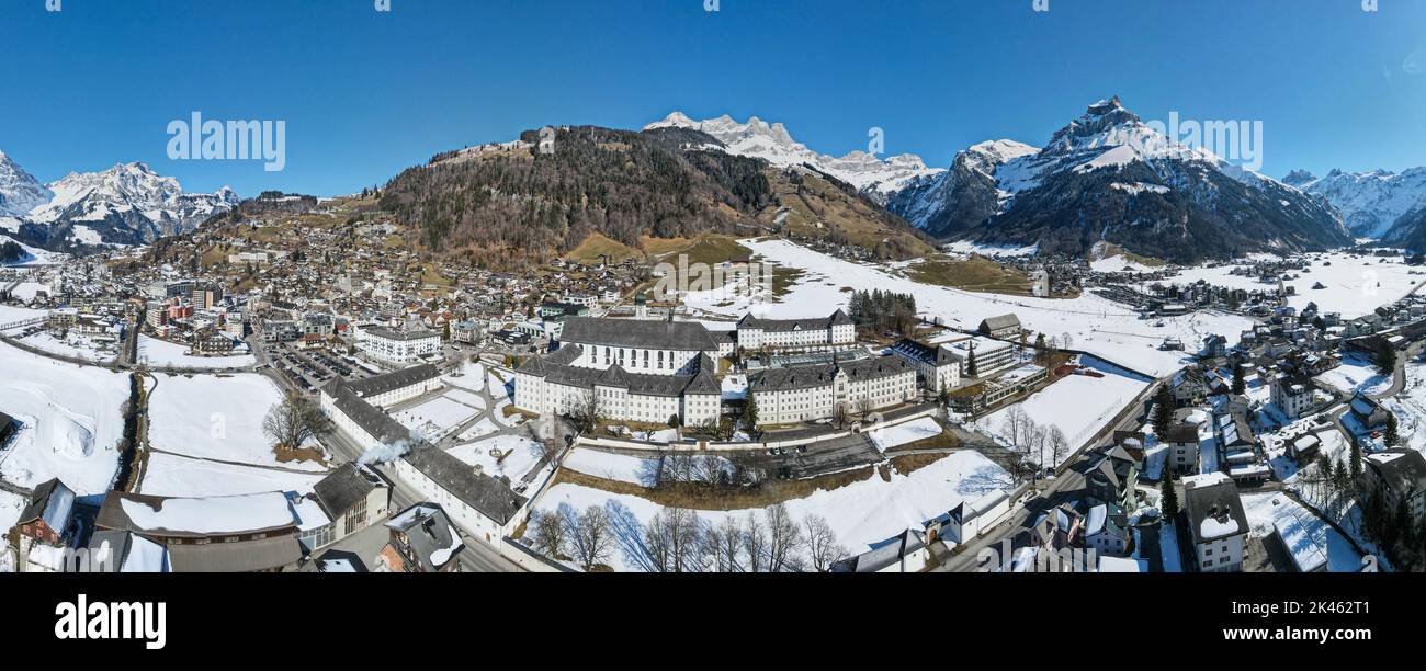 Drone view at the village of Engelberg on the Swiss alps Stock Photo ...