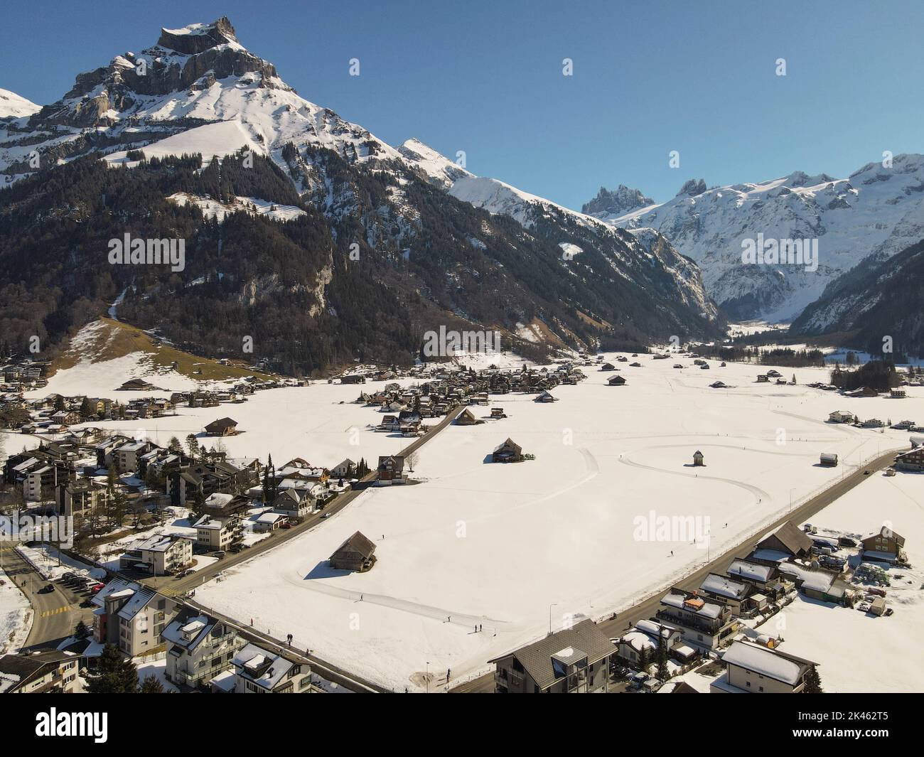 Drone view at the village of Engelberg on the Swiss alps Stock Photo