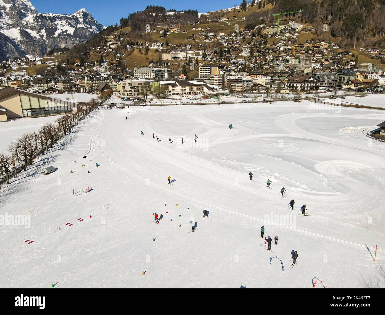Drone view at the village of Engelberg on the Swiss alps Stock Photo
