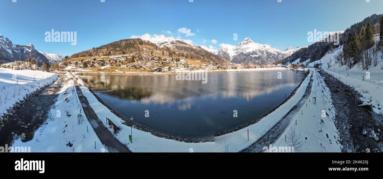 Drone view at the village of Engelberg on the Swiss alps Stock Photo ...