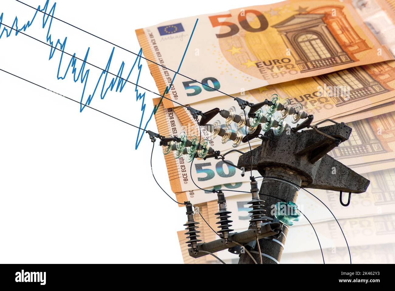 High-voltage power lines on euro banknotes , energy cost concept, kilowatt hour price increase Stock Photo
