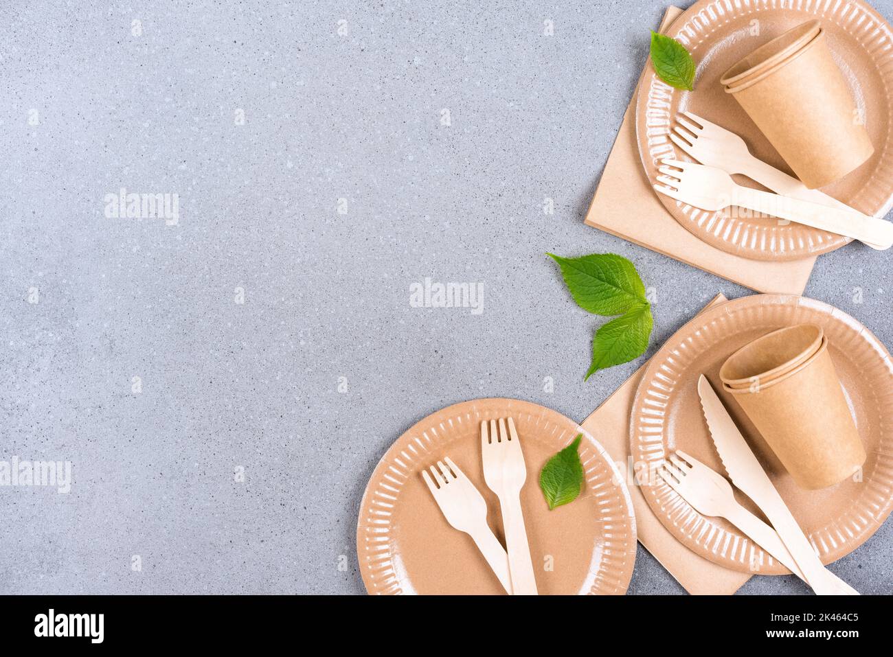 Eco paper utensils bundle - paper plates and cups, wooden cutlery set over  gray concrete background with copy space for your text. Sustainable food pa  Stock Photo - Alamy