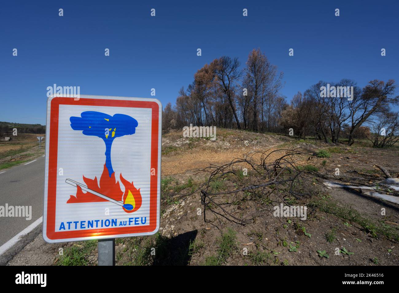 Sign warning of fire with damaged woodland  starting to recover form Summer wild fires D81 road,close to Graveson, Provence, France. September 2022. Stock Photo