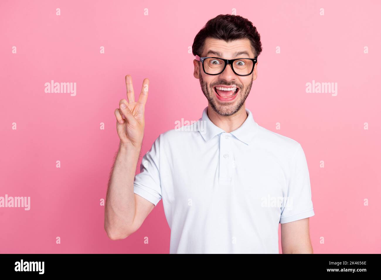 Portrait photo of young attractive handsome man wear eyeglasses open ...
