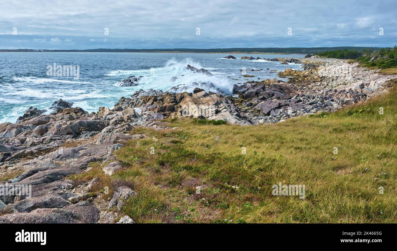 Waves batter the rugged Cape Breton coastline near Louisbourg Nova