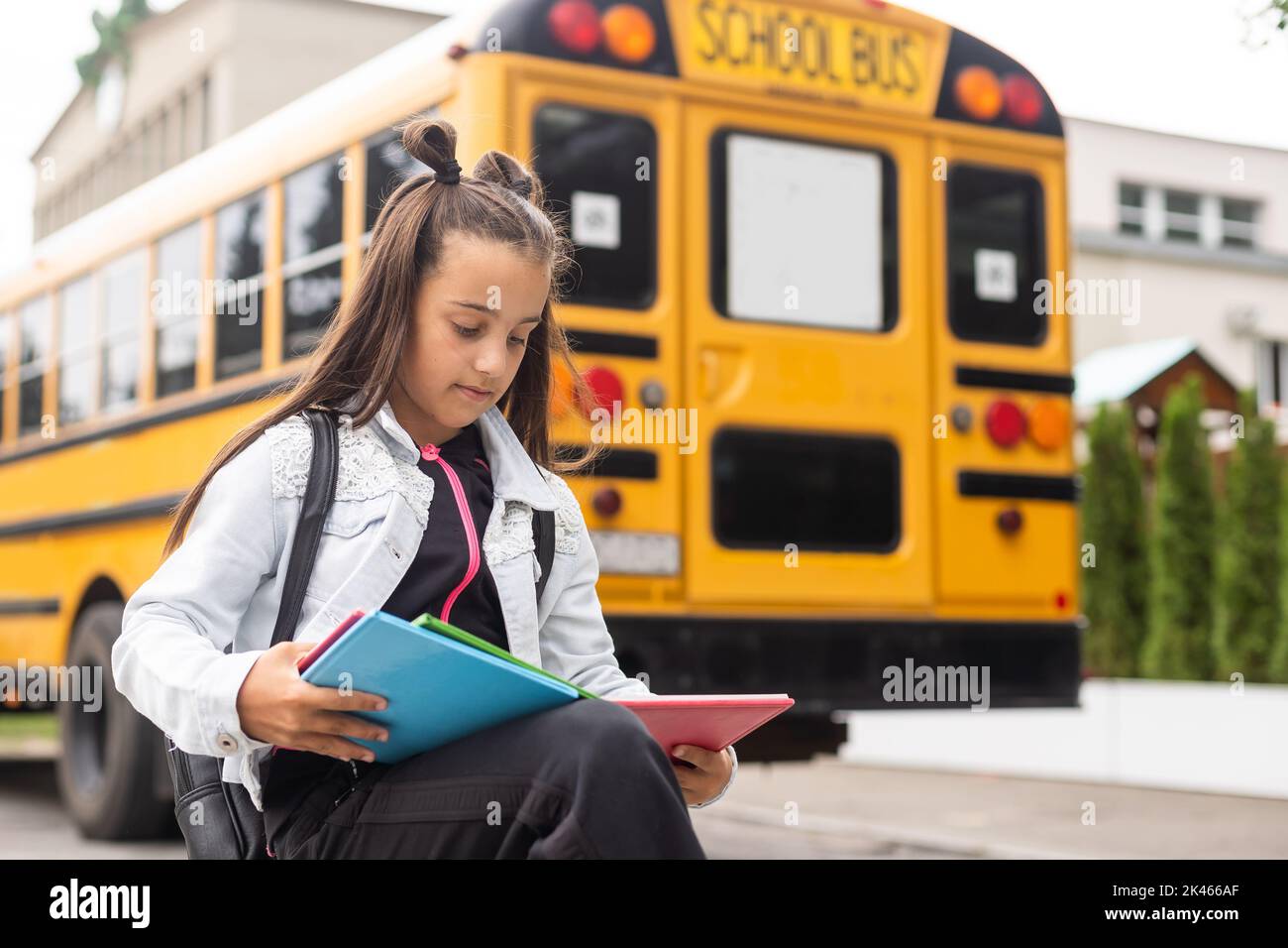 Beautiful little girl with backpack walking ready back to school, fall ...