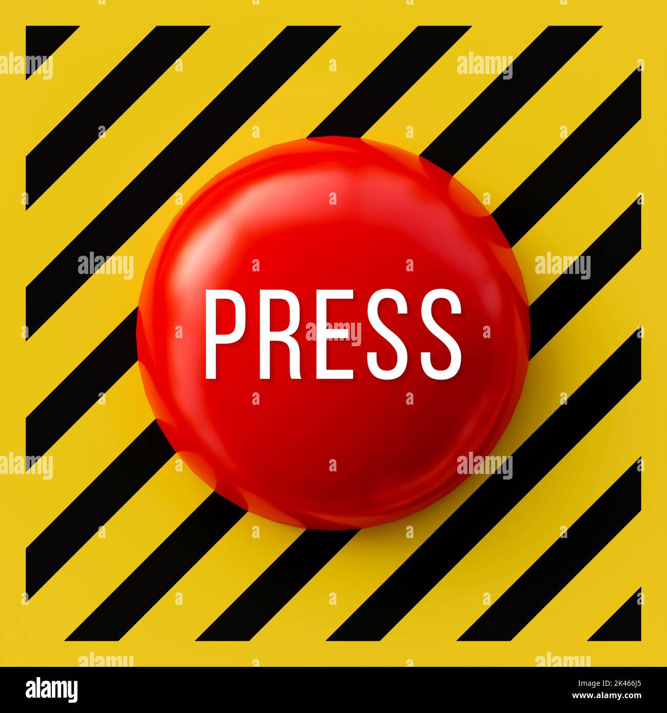Press button with red color isolated on black and yellow striped