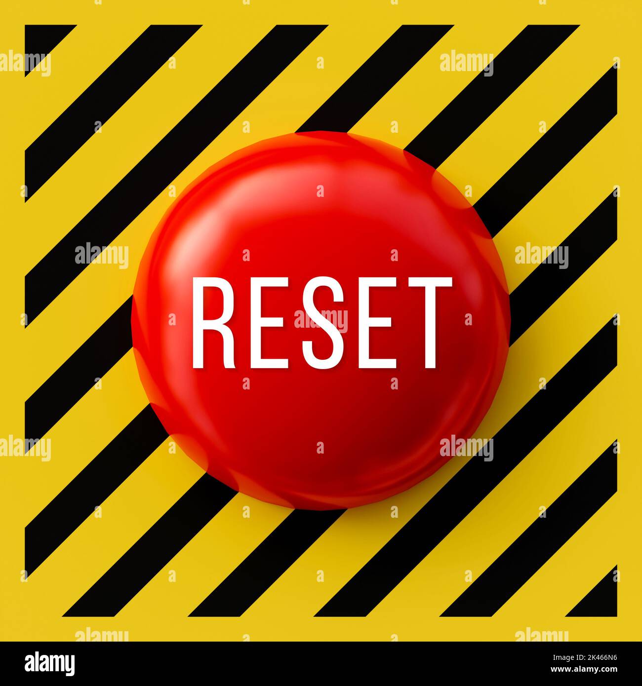 Reset button with red color isolated on black and yellow striped