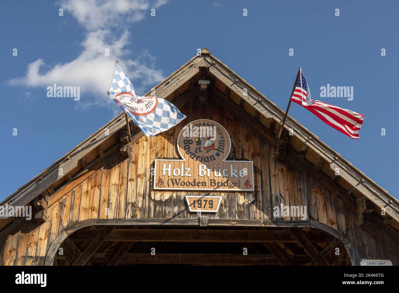 The Wooden Covered Bridge (Holz Brucke), In Frankenmuth Michigan, Built By The Owners Of The Bavarian Inn Close Up Detail Stock Photo