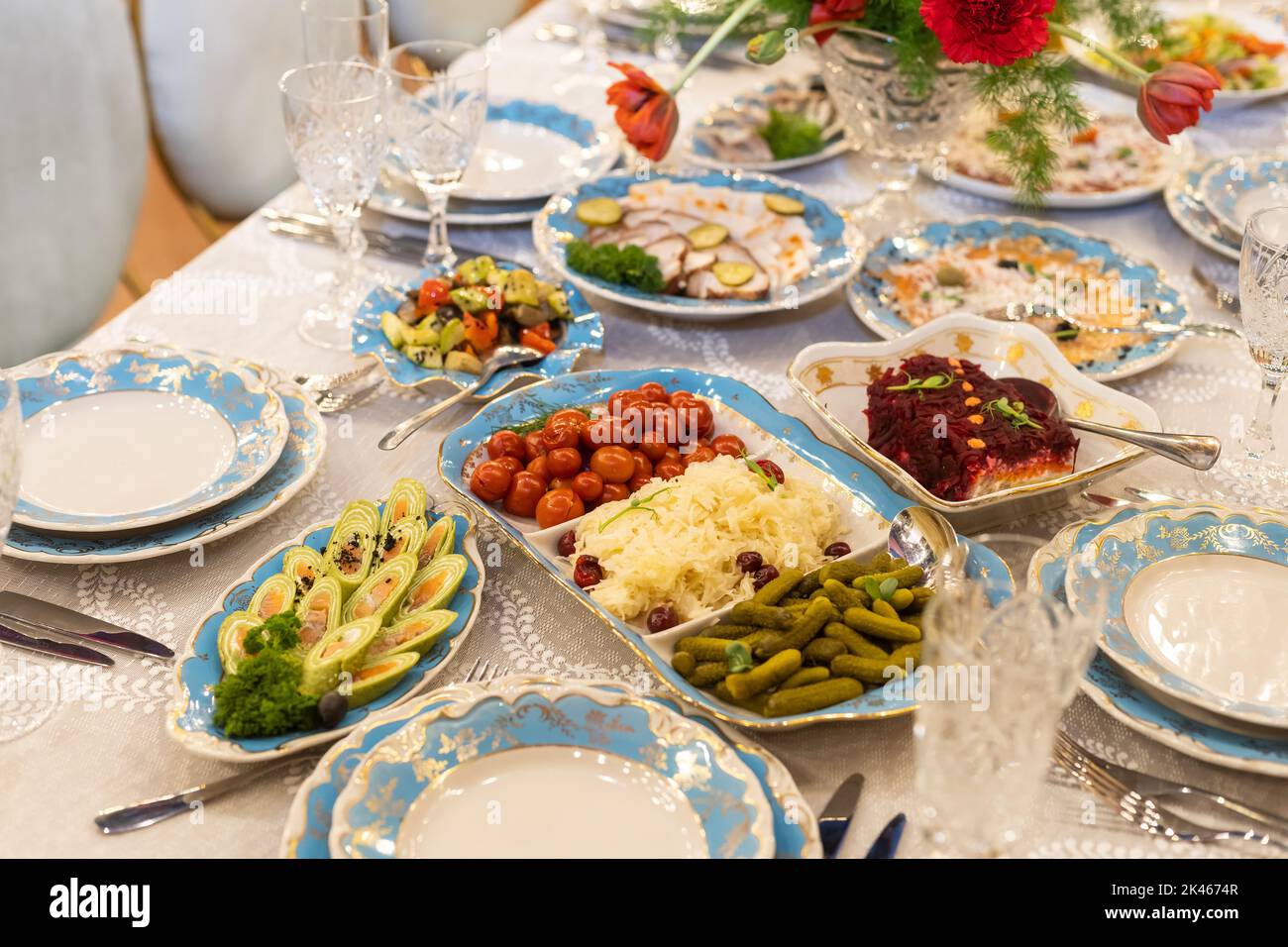 Catering service. Snacks for guests on the table. Stock Photo