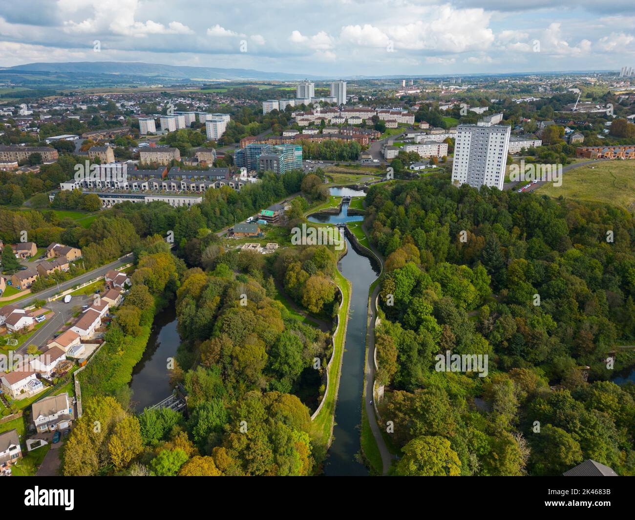 Aerial view of Forth and Clyde Canal at Maryhill Locks in Maryhill