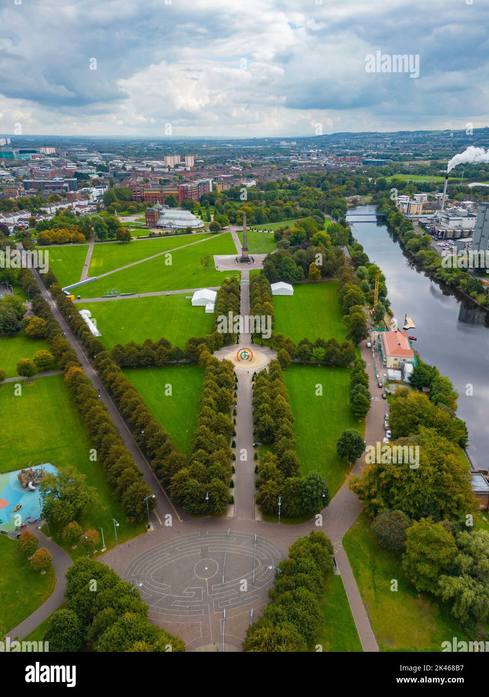 Aerial view of Glasgow Green park beside River Clyde in Glasgow