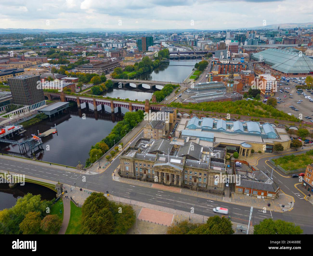 Aerial view of River Clyde and skyline of  Glasgow, Scotland, UK Stock Photo