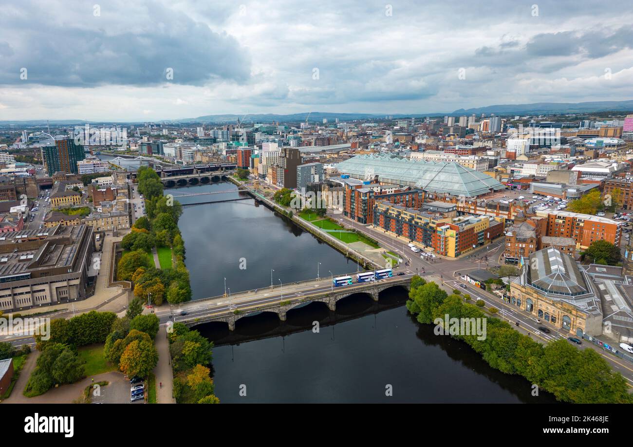 Aerial view of River Clyde and skyline of  Glasgow, Scotland, UK Stock Photo
