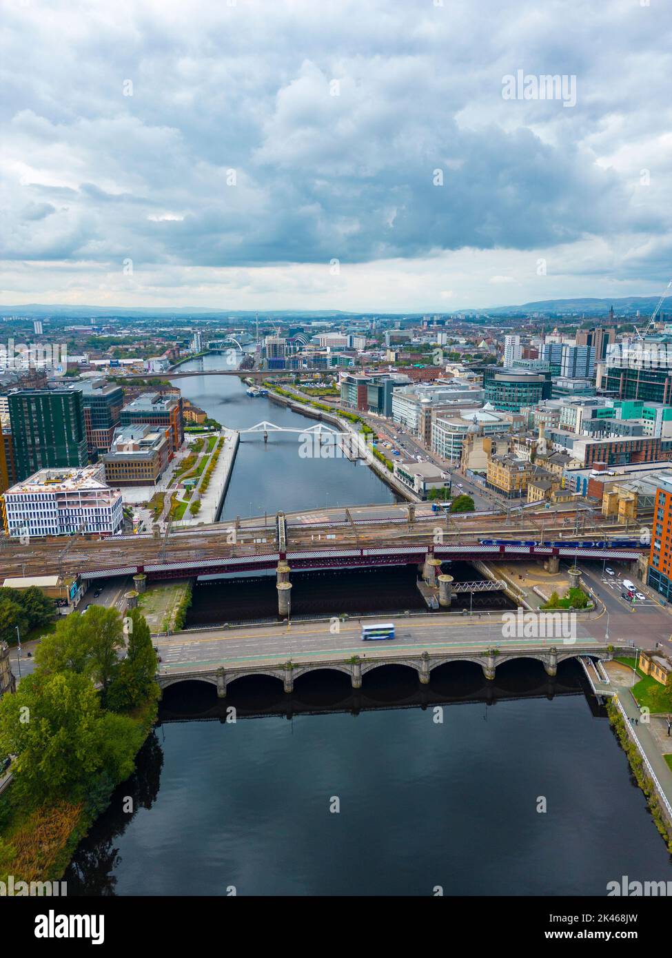 Aerial view of bridges crossing River Clyde and skyline of  Glasgow, Scotland, UK Stock Photo