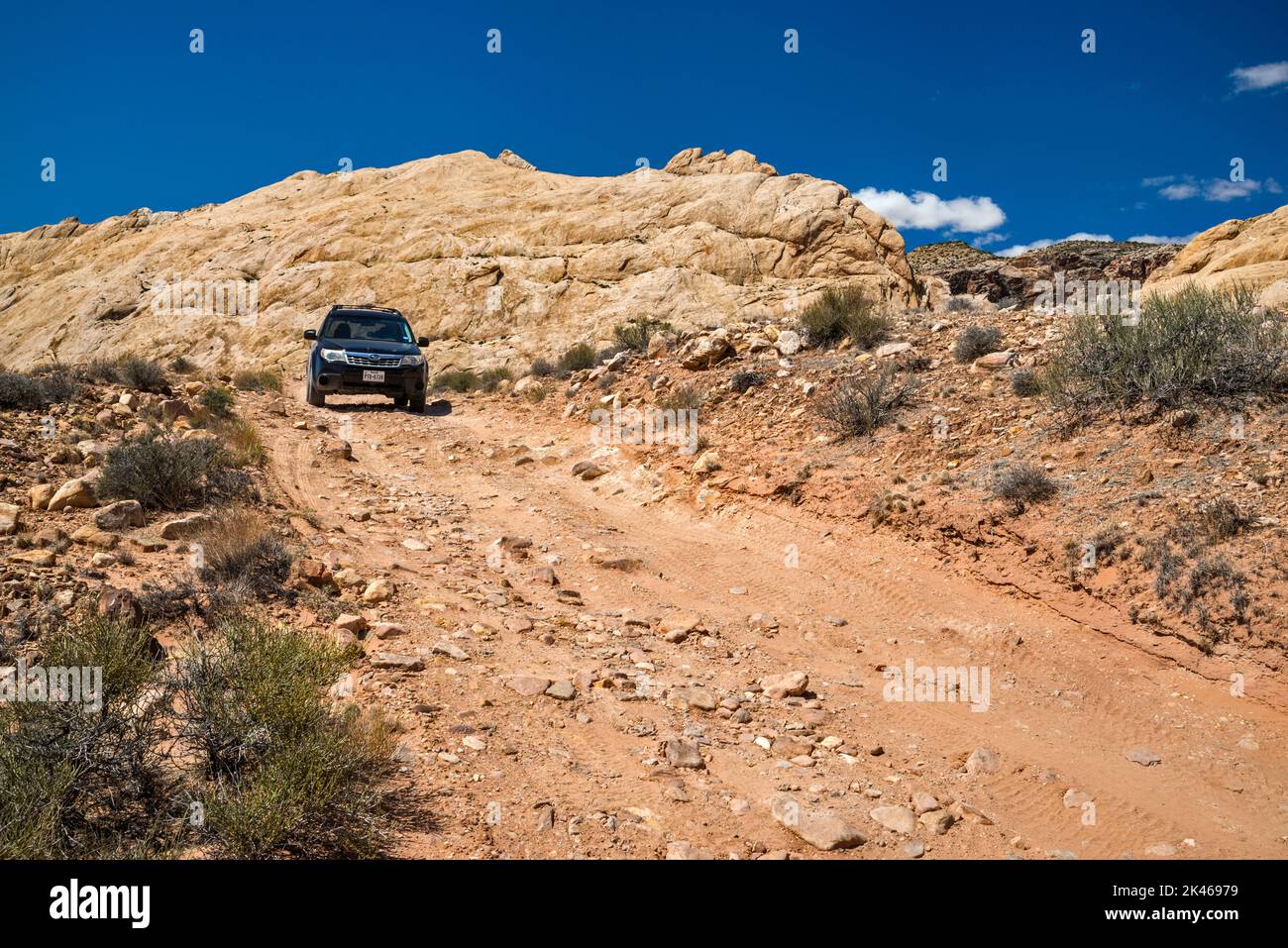 SUV on dirt track to Three Finger Canyon, San Rafael Reef edge of San Rafael Swell, Navajo and Wingate Sandstone, San Rafael Reef Wilderness, Utah USA Stock Photo