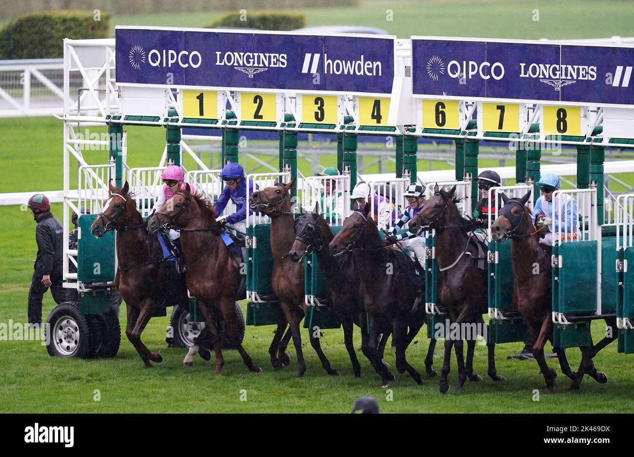 Runners and riders leave the starting gates in the Peroni Nastro Azzurro Noel Murless Stakes during day one of the Peroni Italia Autumn Racing Weekend at Ascot racecourse. Picture date: Friday September 30, 2022. Stock Photo