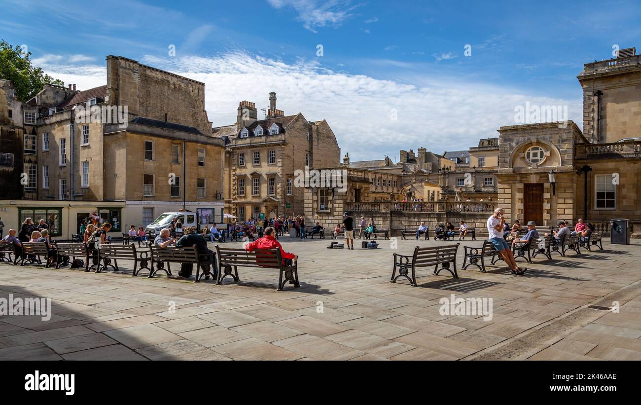 Lively city centre square in Bath, Somerset, UK. Stock Photo