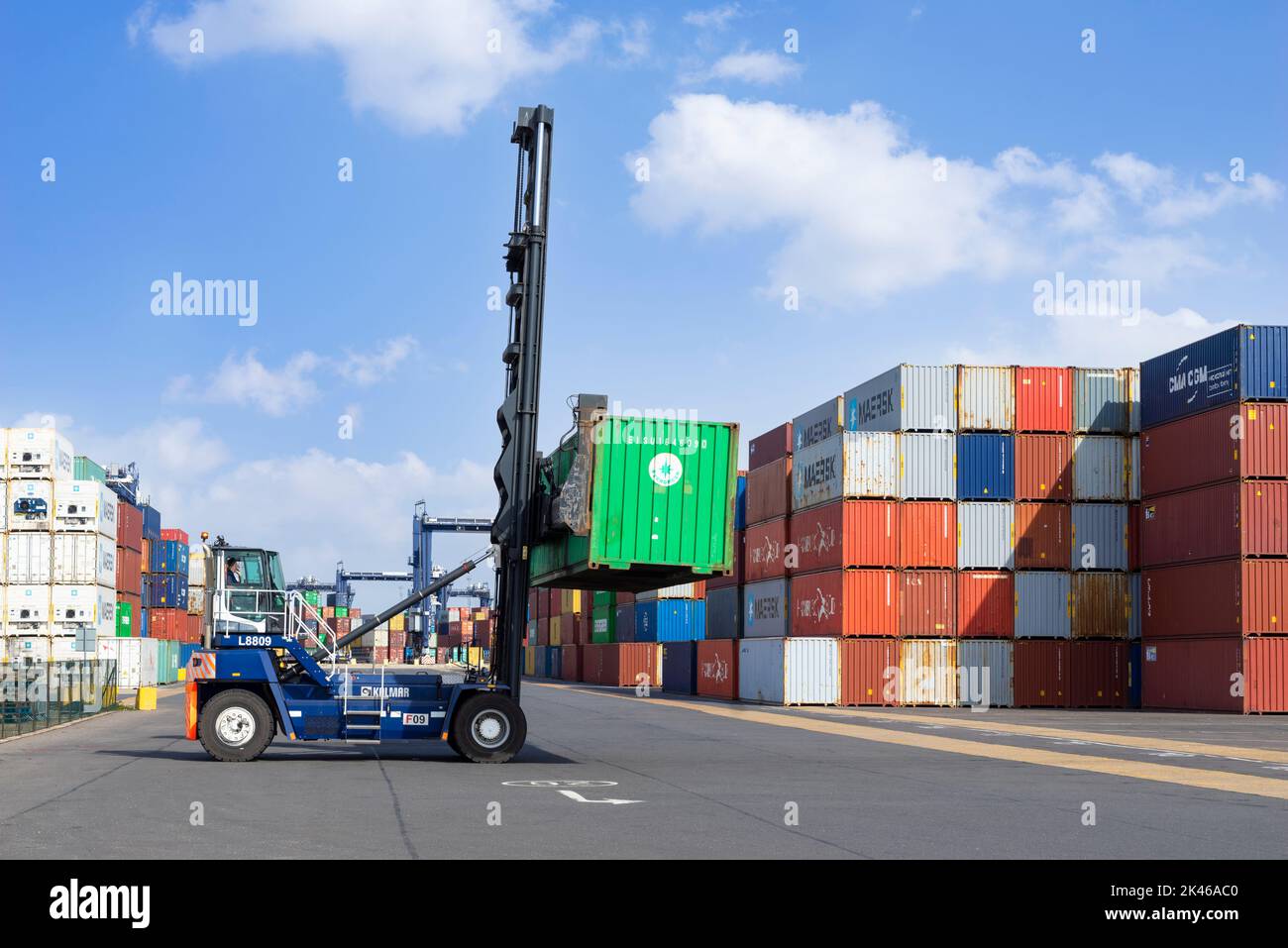 Shipping containers moving by forklift for distribution Port of