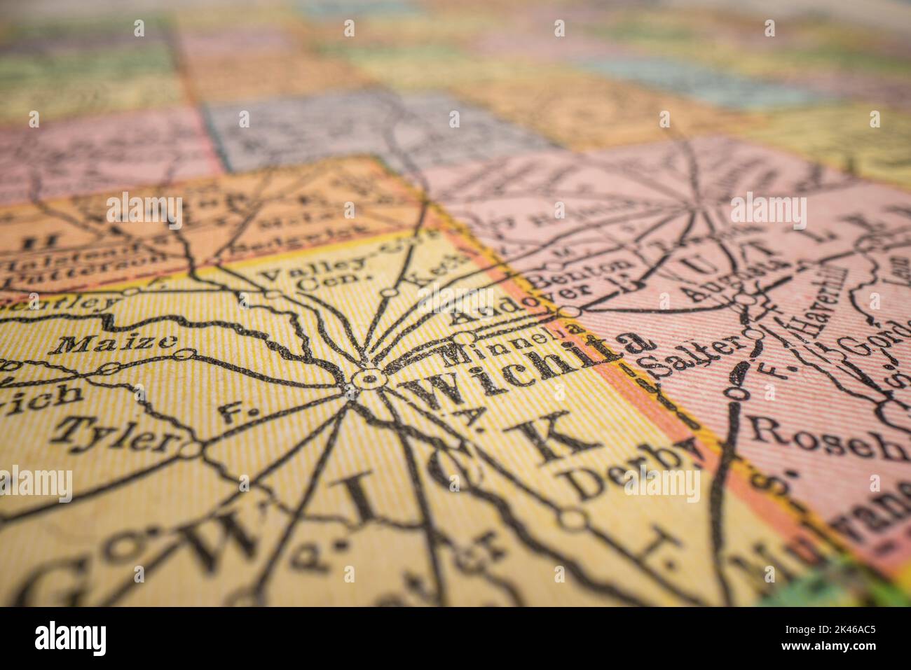 Wichita, Kansas on a vintage map, closeup with a selective focus Stock Photo