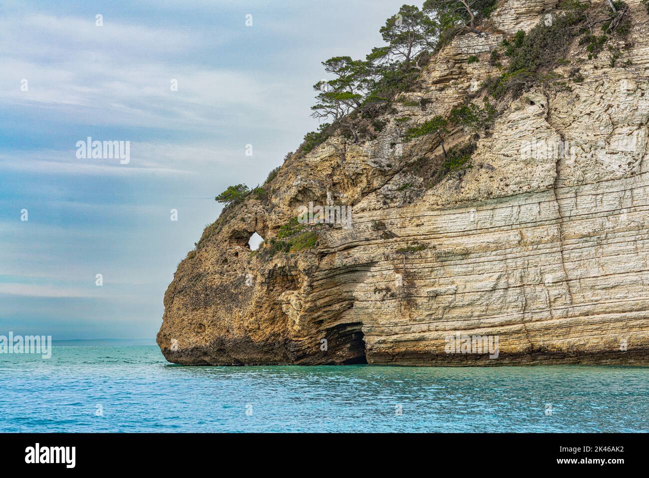 The high and white limestone cliff of Vignanotica beach in Puglia. Vieste, Foggia province, Puglia, Italy, Europe Stock Photo