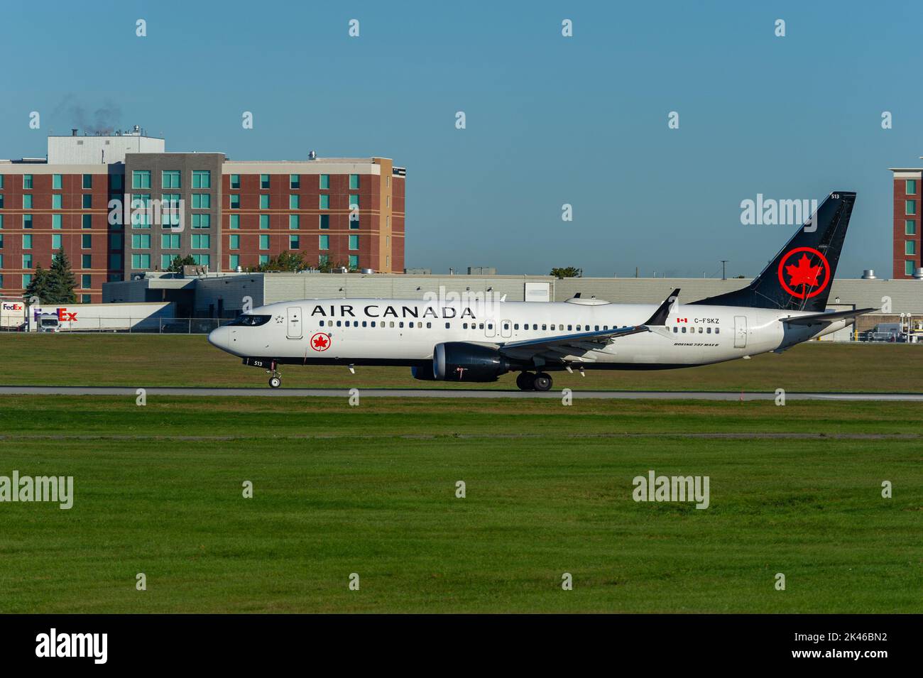 Air Canada Boeing 737 MAX taking off at the Ottawa McDonald Cartier Airport, Ottawa, Ontario, Canada Stock Photo