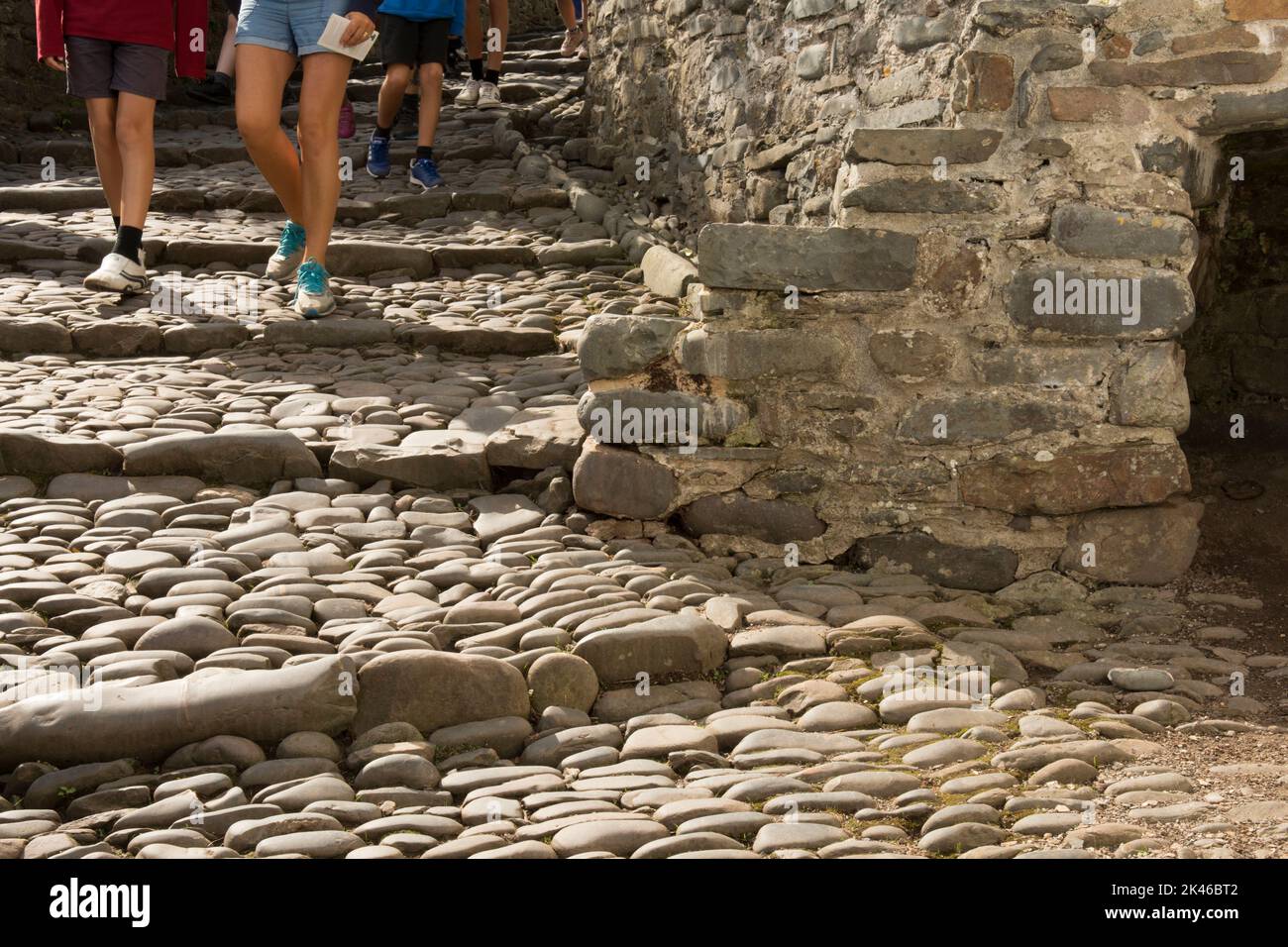 legs and feet walking down cobbles and steps on cobbled narrow street in Clovelly, North Devon, UK, Stock Photo