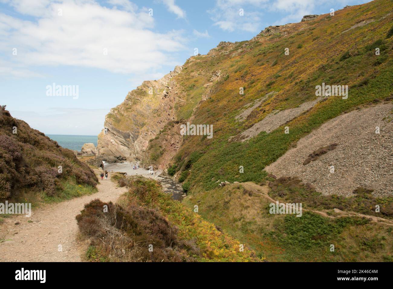 sea, hills and beach at Heddon's Mouth, Heddon Valley, River Heddon, North Devon coast, UK, August Stock Photo