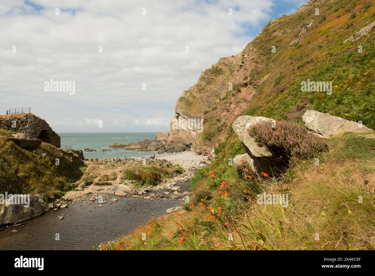 sea, hills and beach at Heddon's Mouth, Heddon Valley, River Heddon, North Devon coast, UK, August Stock Photo