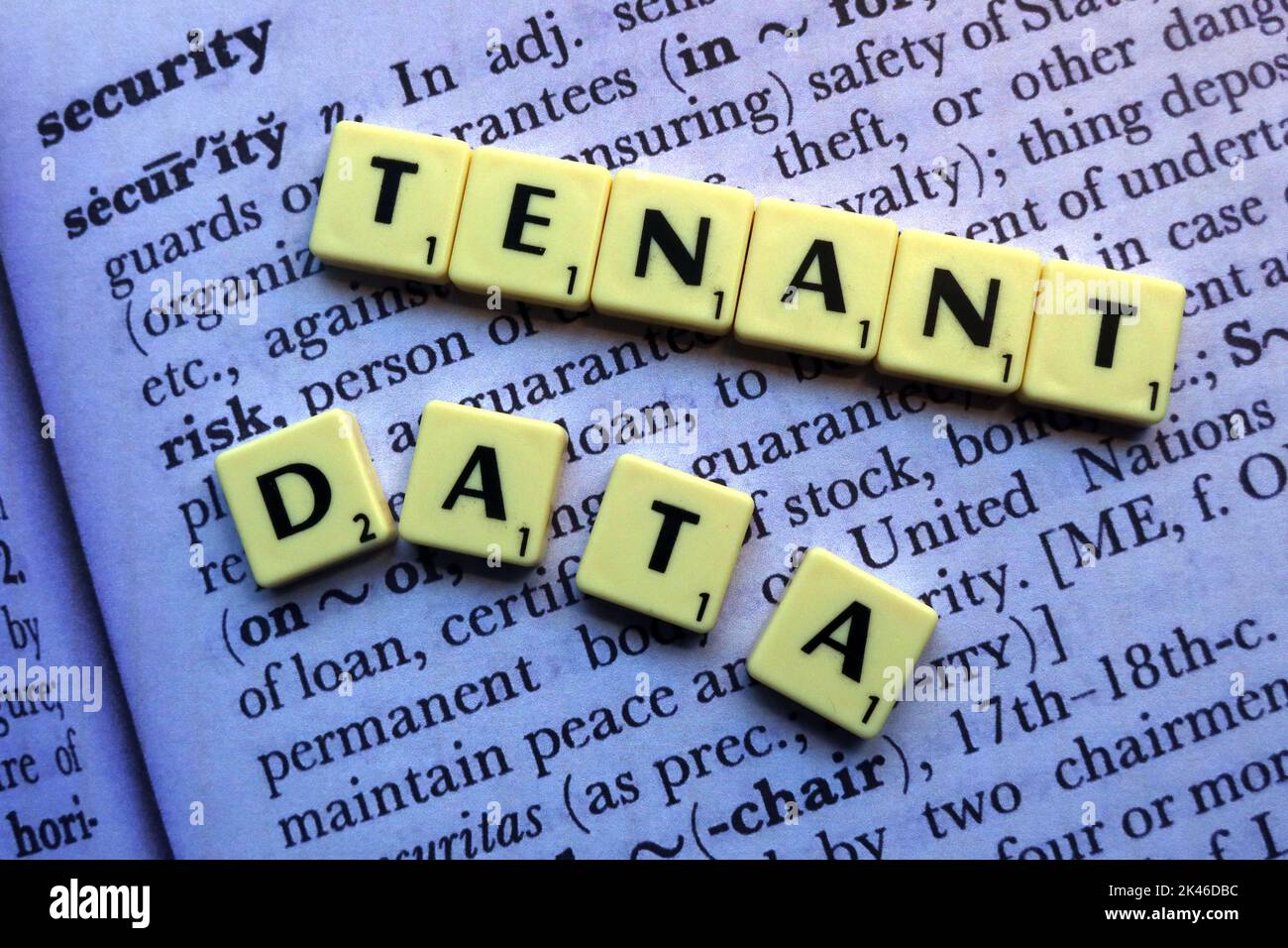 Tenant Data,spelled out in Scrabble letters, on the dictionary definition of security Stock Photo