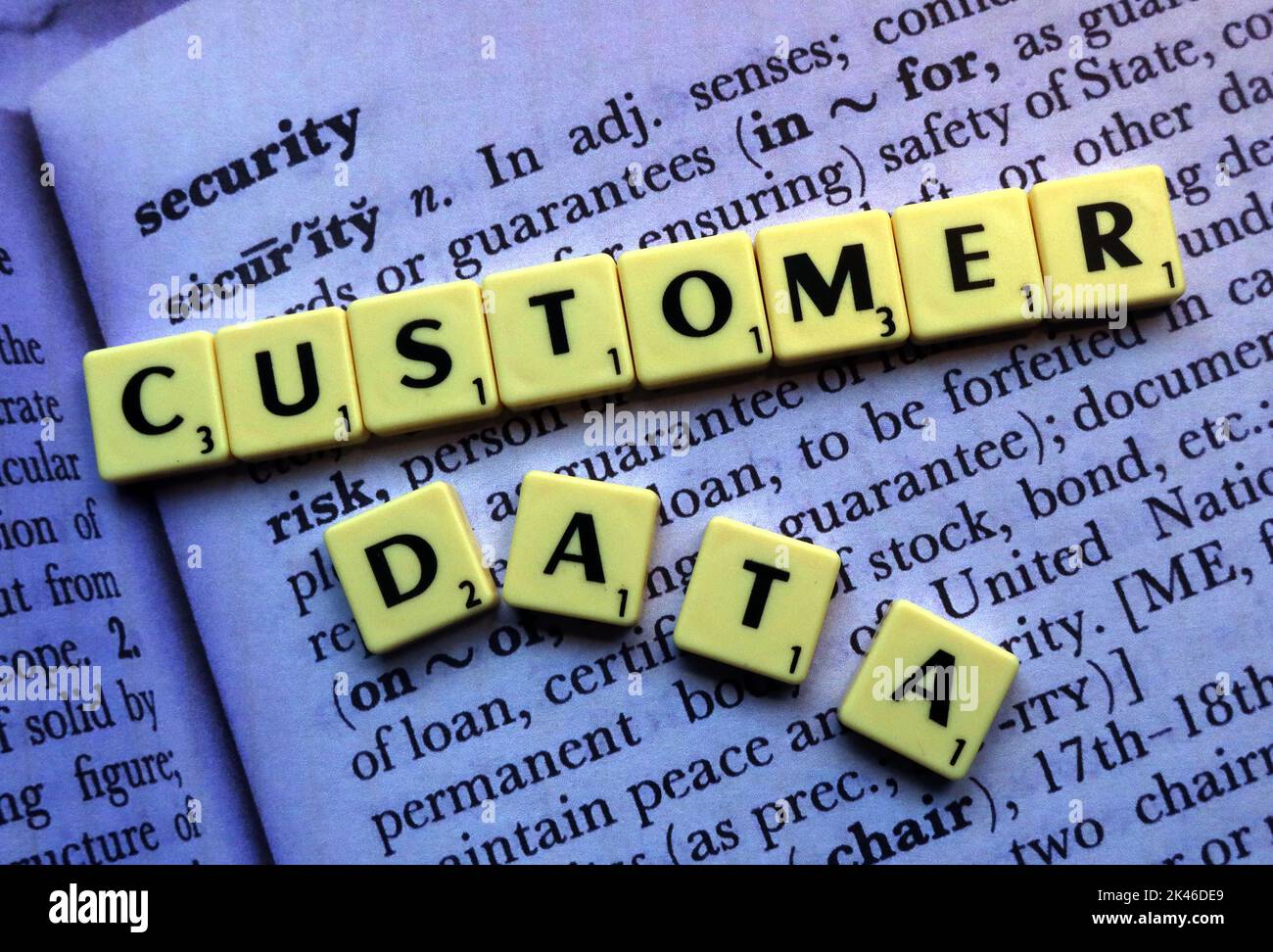 Customer Data,spelled out in Scrabble letters, on the dictionary definition of security Stock Photo
