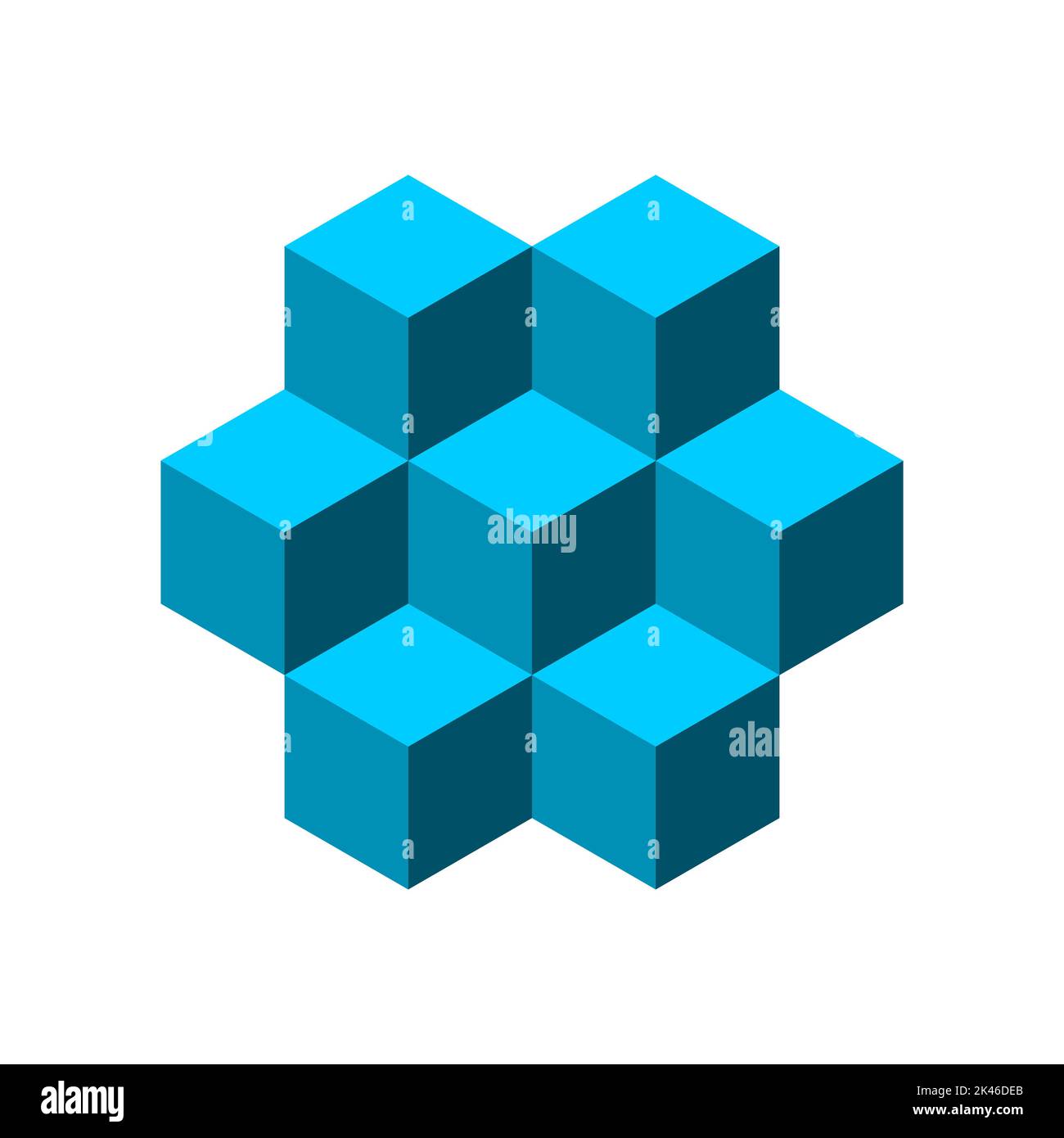 Seven 3D cubes make a honeycomb pattern. Blue geometric block shape. Hexagon object stacked on white background. Blockchain technology concept. Vector Stock Vector