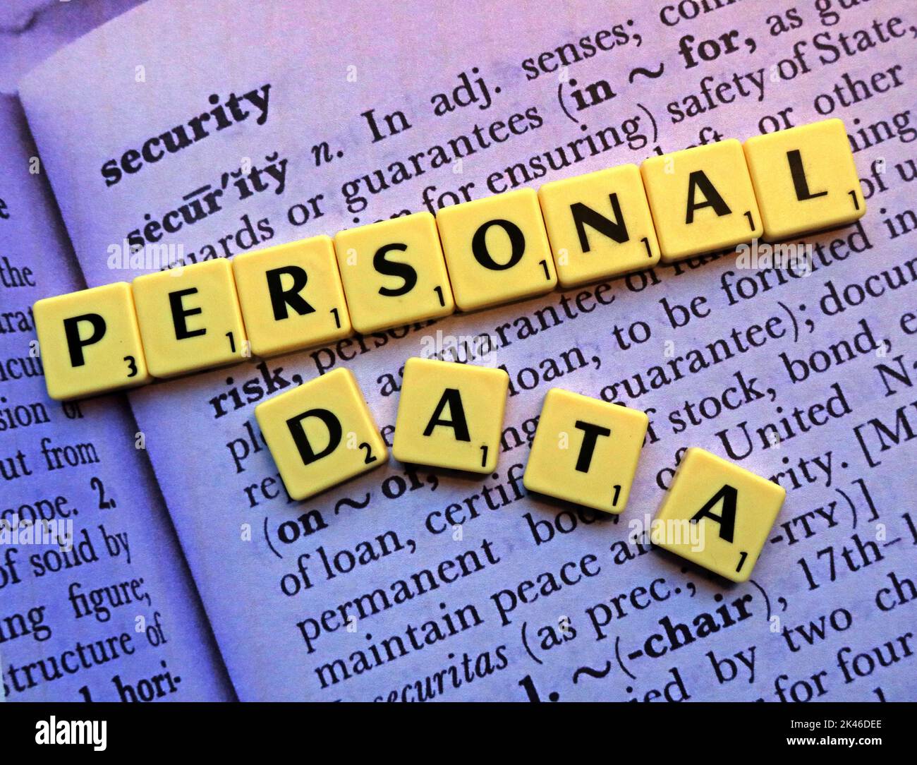 Personal Data,spelled out in Scrabble letters, on the dictionary definition of security Stock Photo