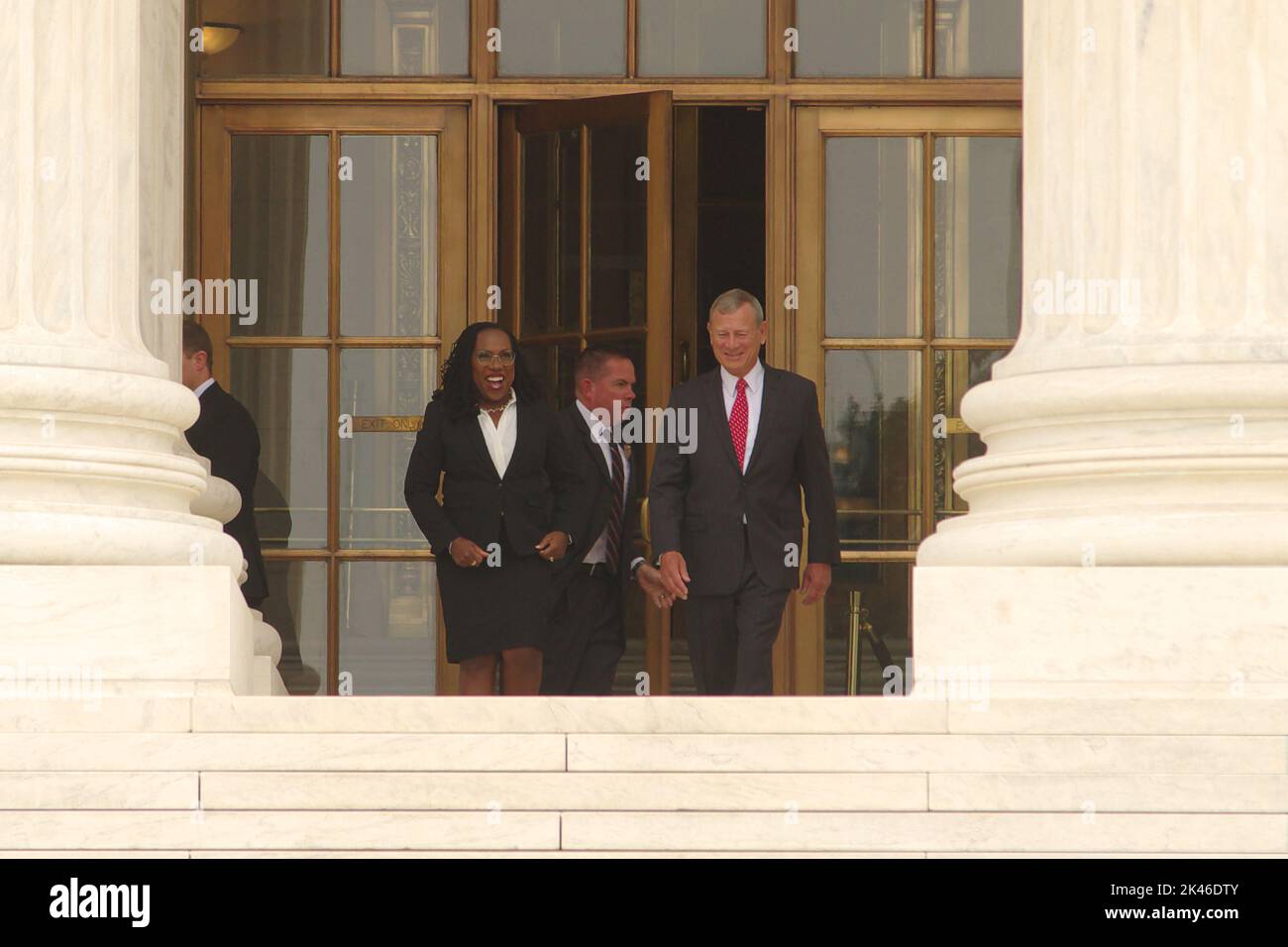 Washington DC, USA. 30 Sep 2022. Ketanji Brown Jackson, the first African-American woman to serve on the U.S. Supreme Court, appears with Chief Justice John Roberts following her ceremonial swearing-in. Credit: Philip Yabut/Alamy Live News Stock Photo