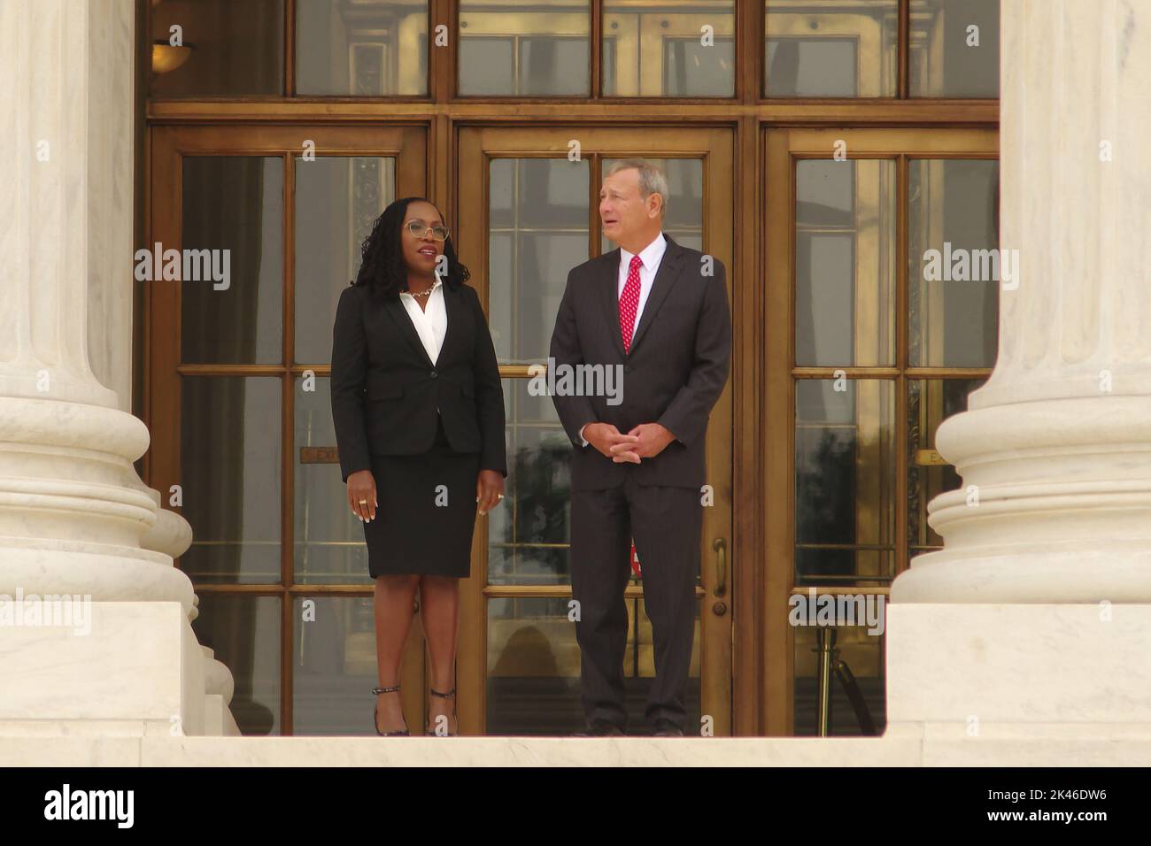 Washington DC, USA. 30 Sep 2022. Ketanji Brown Jackson, the first African-American woman to serve on the U.S. Supreme Court, appears with Chief Justice John Roberts following her ceremonial swearing-in. Credit: Philip Yabut/Alamy Live News Stock Photo