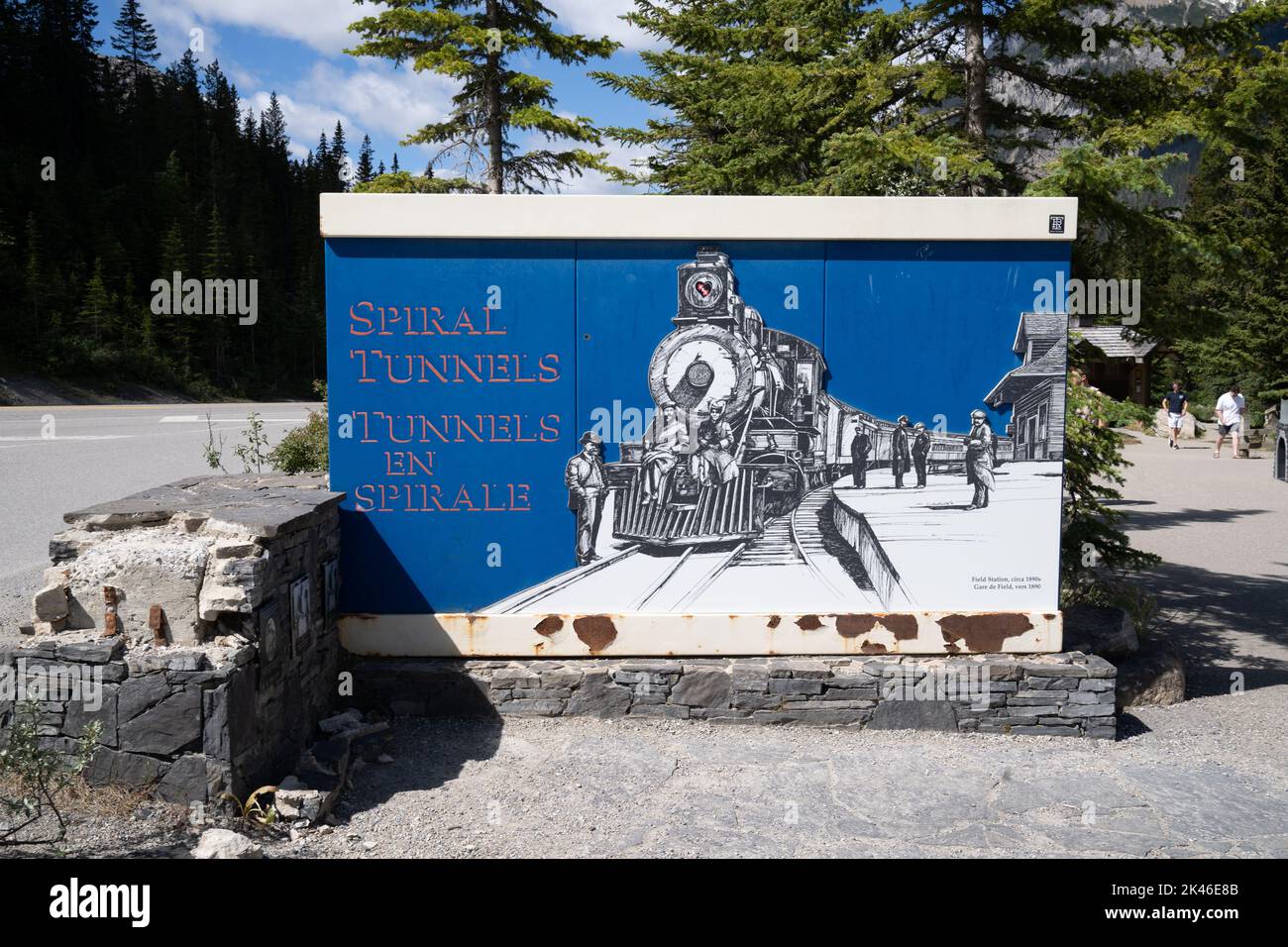 British Columbia, Canada - July 11, 2022: Sign for the Spiral Tunnels, an important Canadian Pacific Railway train pass through Kicking Horse Pass bet Stock Photo