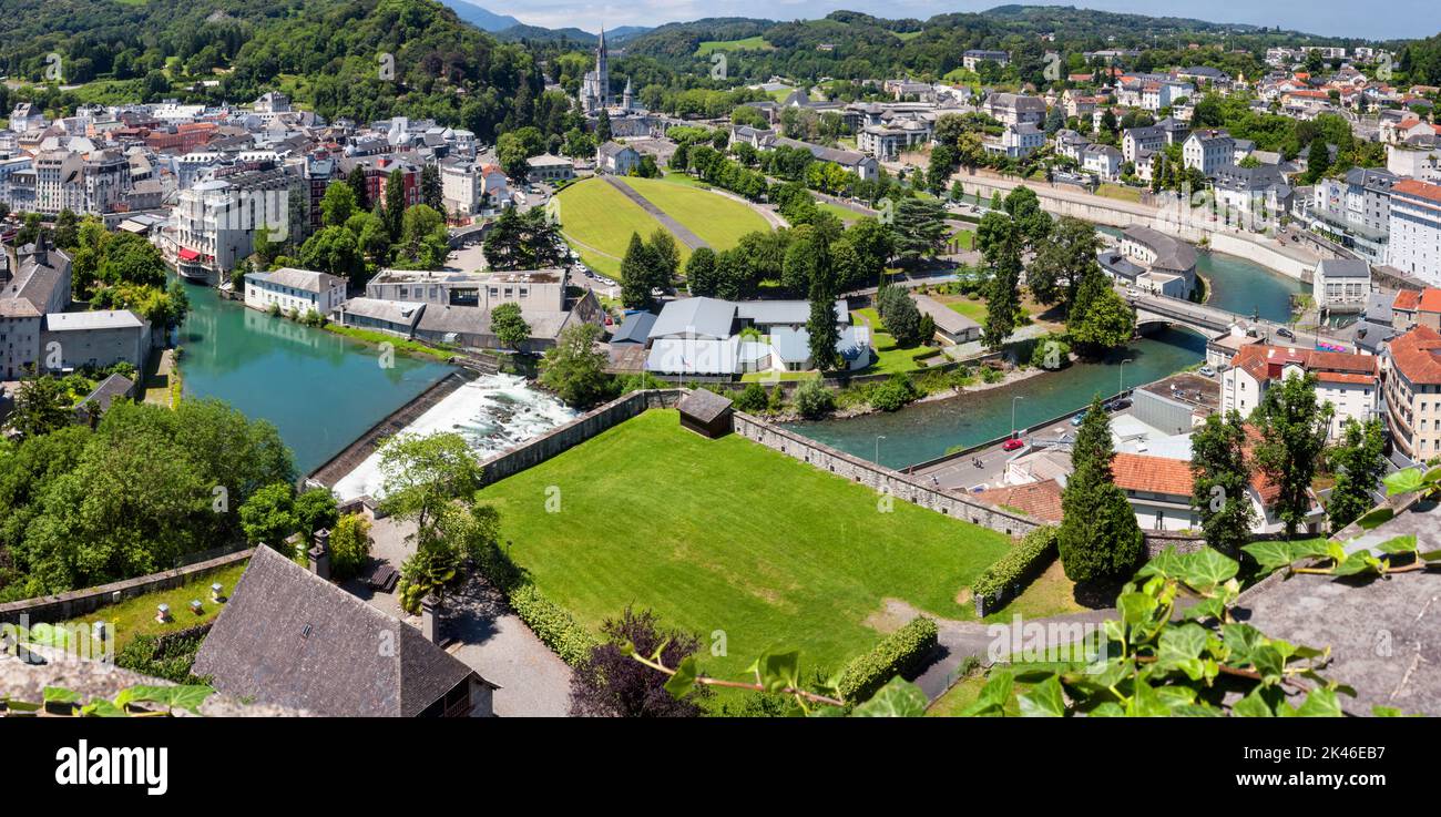 Panoramic view of the city Lourdes - the Sanctuary of Our Lady of Lourdes, in south-western France Stock Photo
