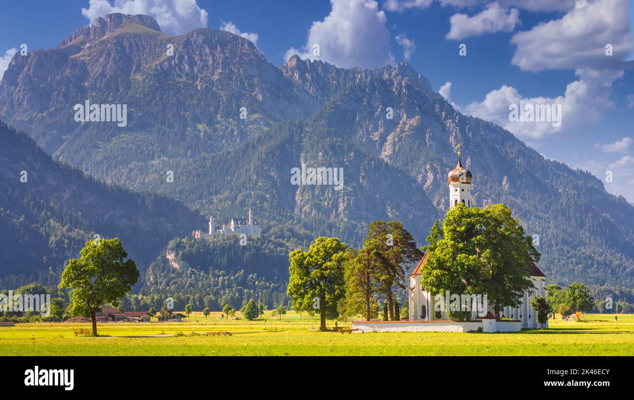 Bavarian landscape - view of the church of St. Coloman on the ...