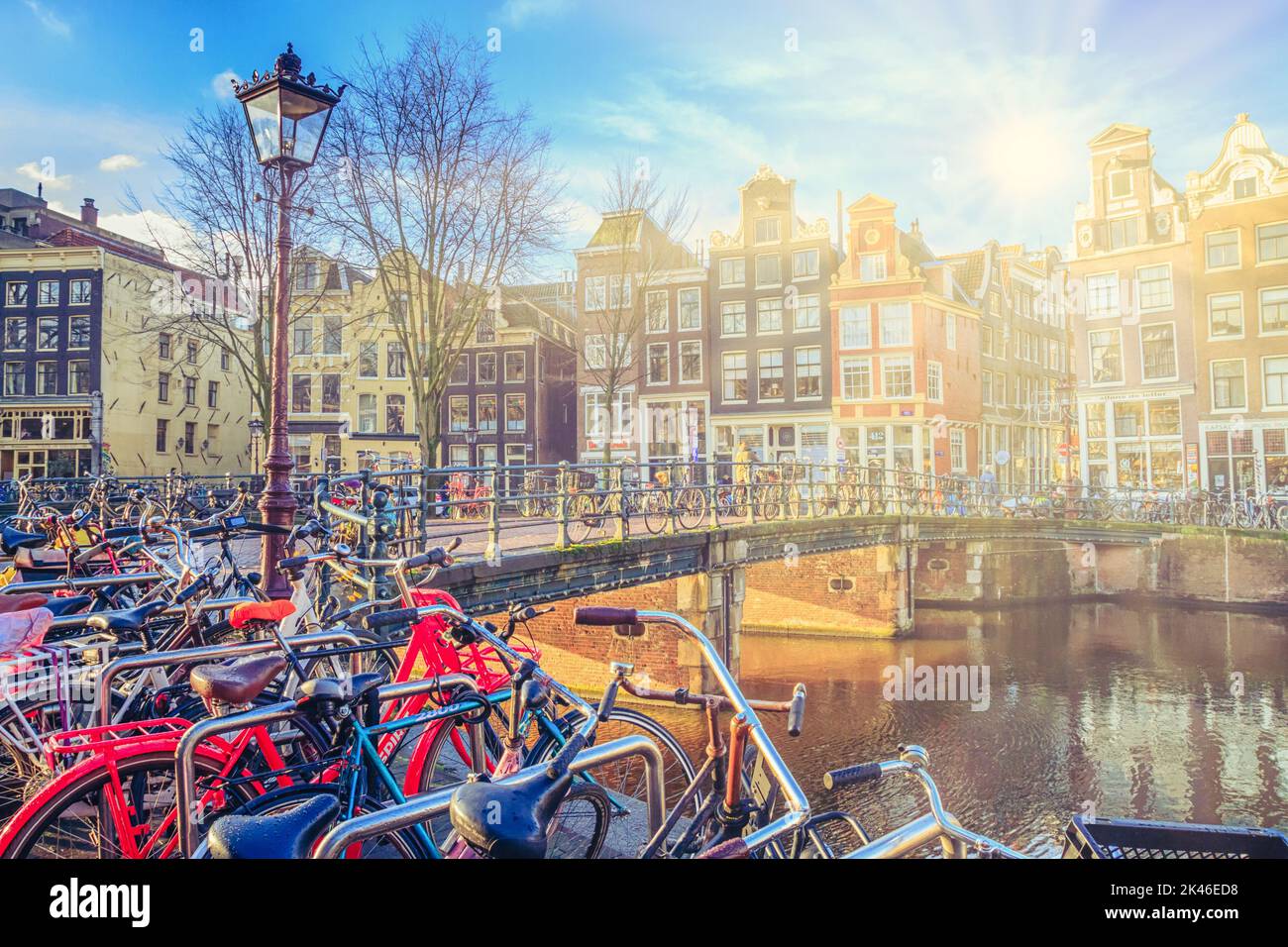 Cityscape on a sunny winter day - view of the bike parking in the historic center of Amsterdam, The Netherlands Stock Photo