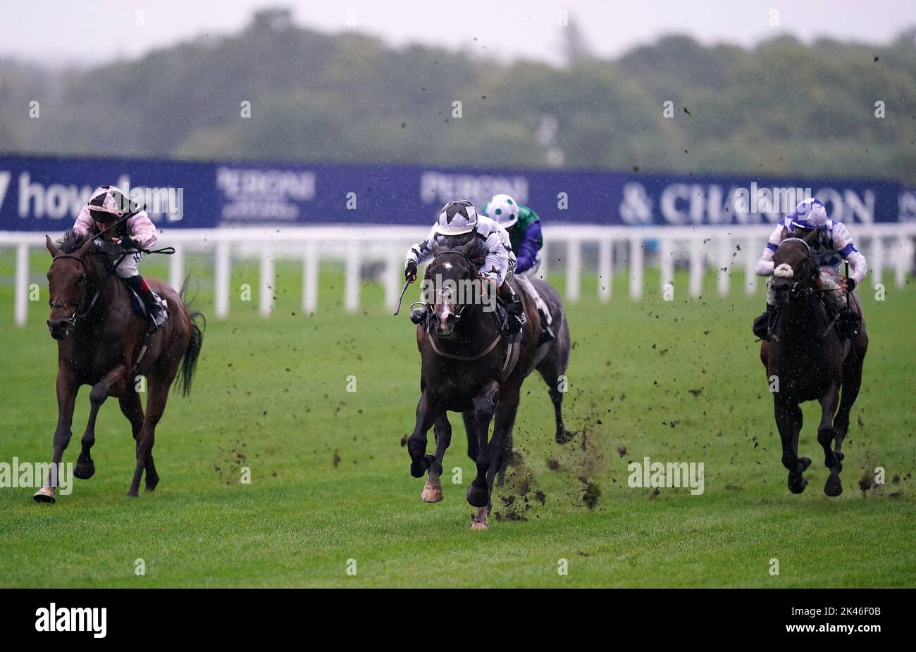 Raising Sand ridden by jockey Saffie Osborne (centre) on their way to winning the Smart Signage Display Solutions Classified Stakes during day one of the Peroni Italia Autumn Racing Weekend at Ascot racecourse. Picture date: Friday September 30, 2022. Stock Photo