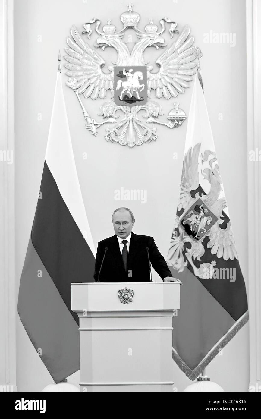 Address by Vladimir Putin at the ceremony for signing the treaties on the accession of the Donetsk People's Republic, the Lugansk People's Republic, the Zaporozhye Region and the Kherson Region to the Russian Federation. Photo: Russia Presidential Office Stock Photo