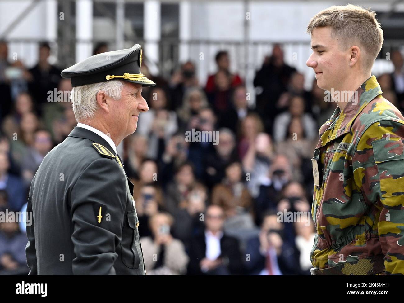 Brussels, Belgium. 30th Sep, 2022. King Philippe - Filip of Belgium and  Prince Gabriel pictured during the Blue Berets parade during which the  first-year students of the Royal Military Academy, who successfully